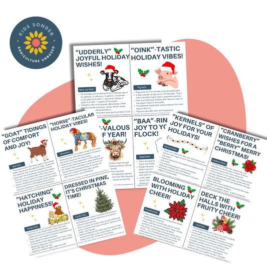 Printable Cards: Cute Holiday/Christmas Farm Fact Themed 4" x 5.5" for Kids