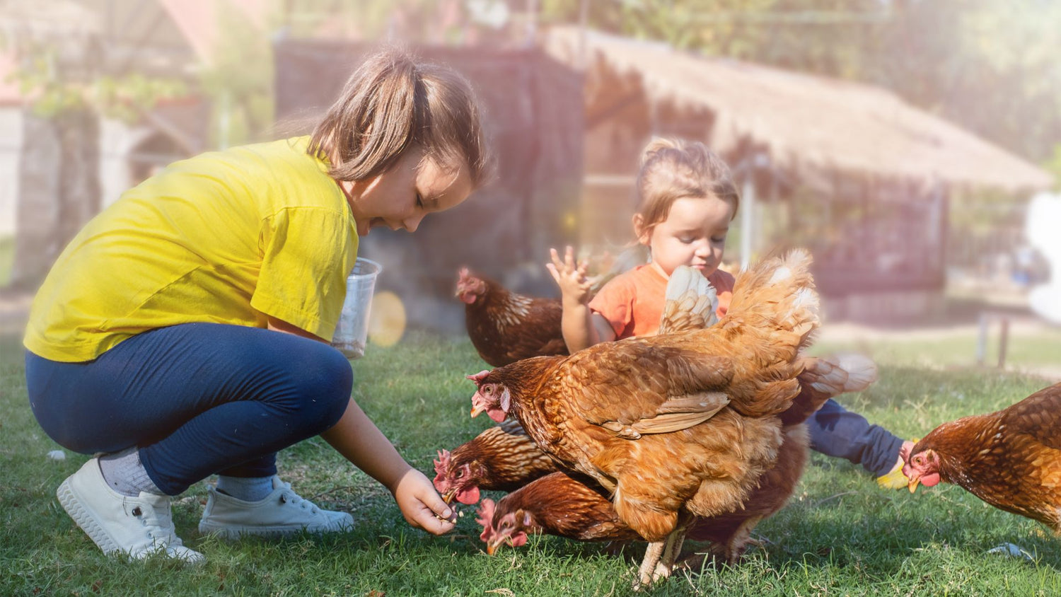 two kids with red chickens